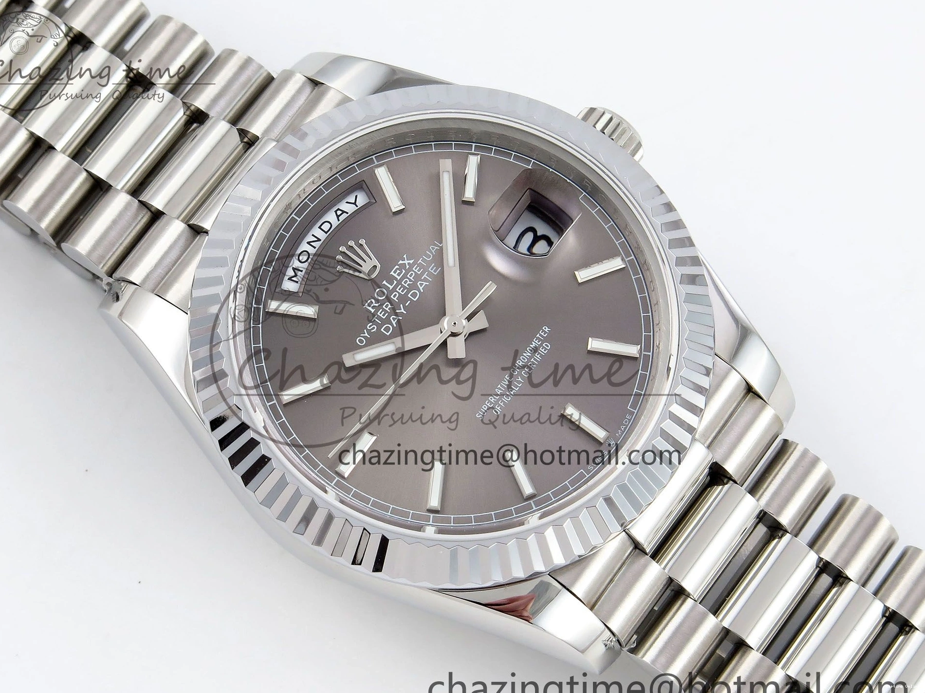 0516 FreshLook DayDate 40 SS JDF 904L Steel Gray Stick Dial on President Bracelet VR3255 V3 (Gain Weight) 1446
